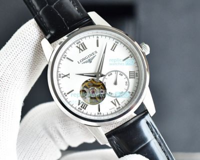 Replica Longines Watch White Dial Silver Bezel Black Leather Strap Watch 40mm 